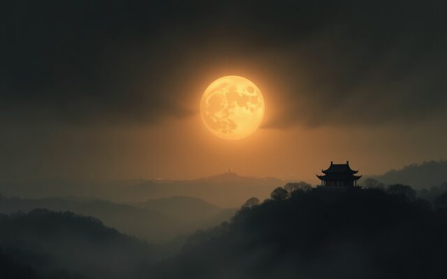 Golden moon over a temple roofline in mist, ink and gold