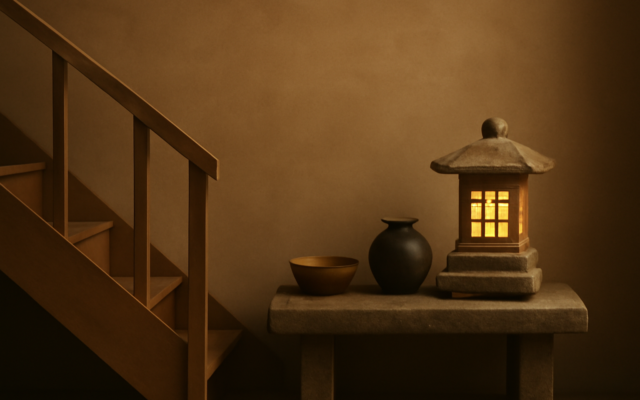 timber staircase stone light