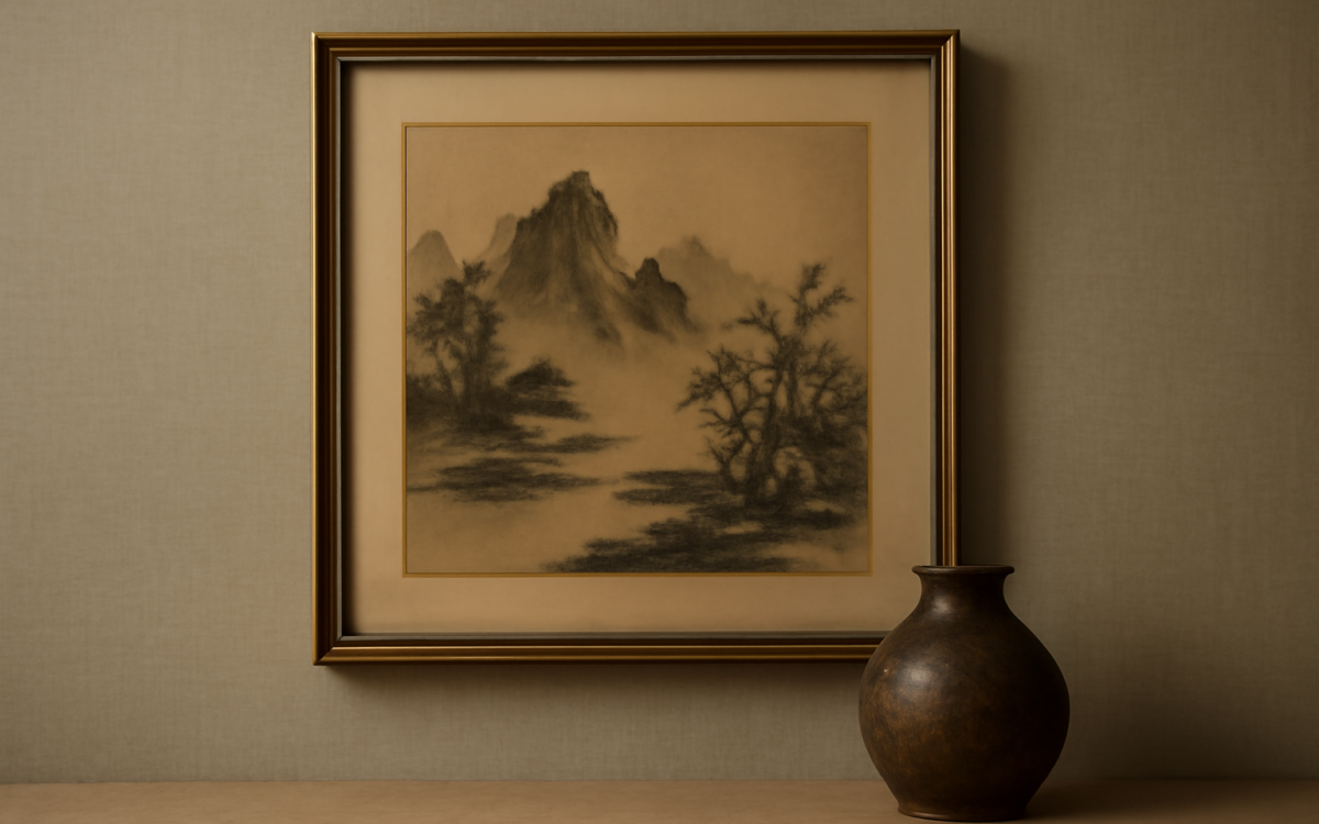 framed ink landscape linen wall