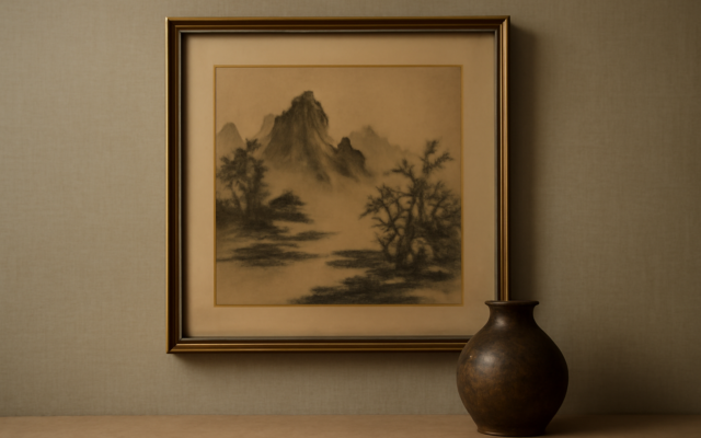 framed ink landscape linen wall