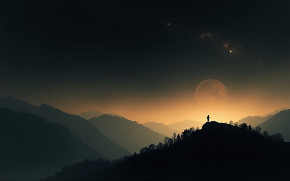A river of gold stars over a dark mountain ridgeline, ink and gold