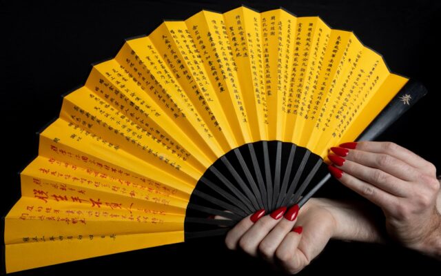 a woman holding a yellow and black fan