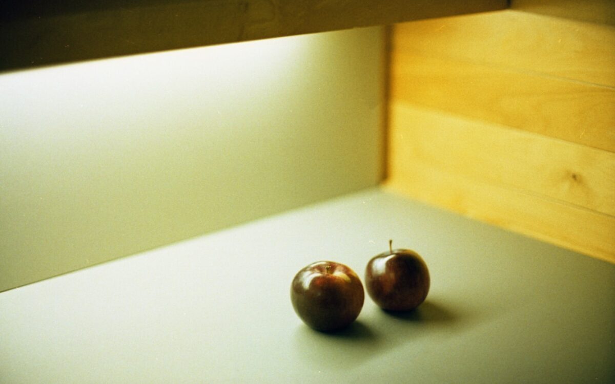 Two dark apples sit on a gray surface.