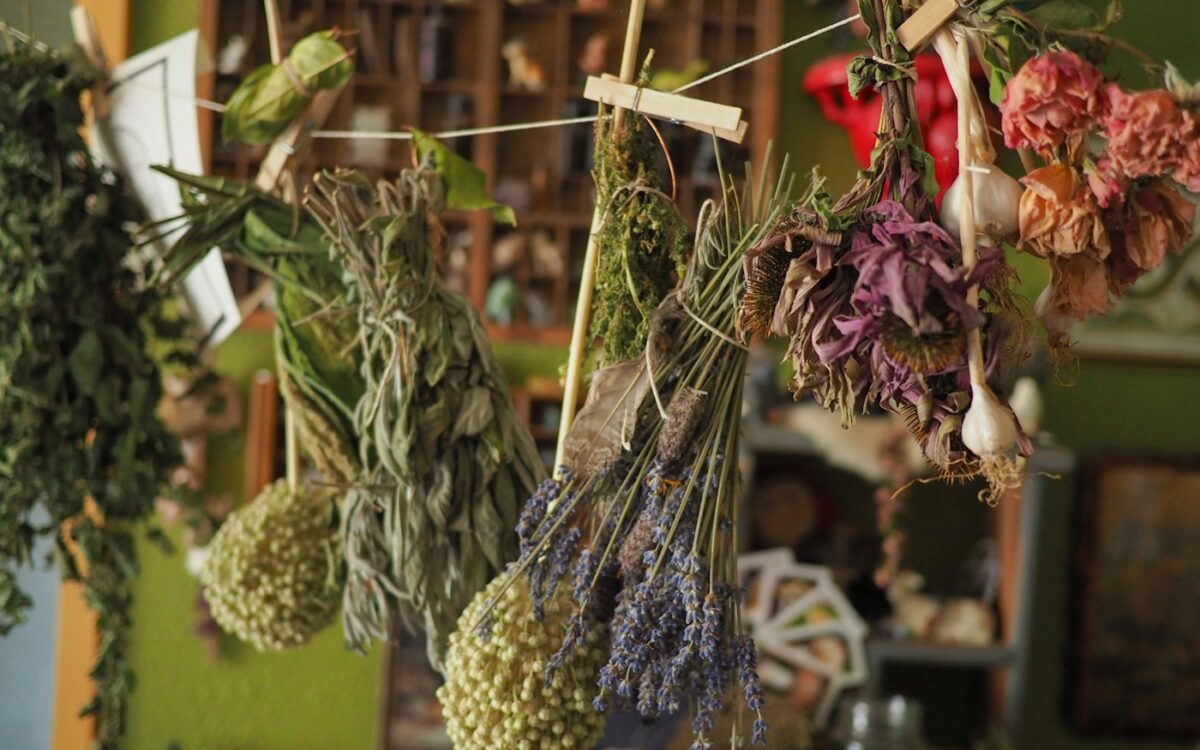 a bunch of flowers from a string