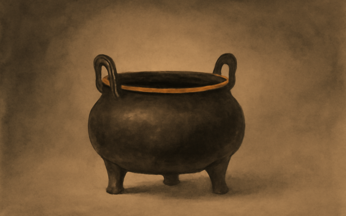 bronze cauldron ink wash