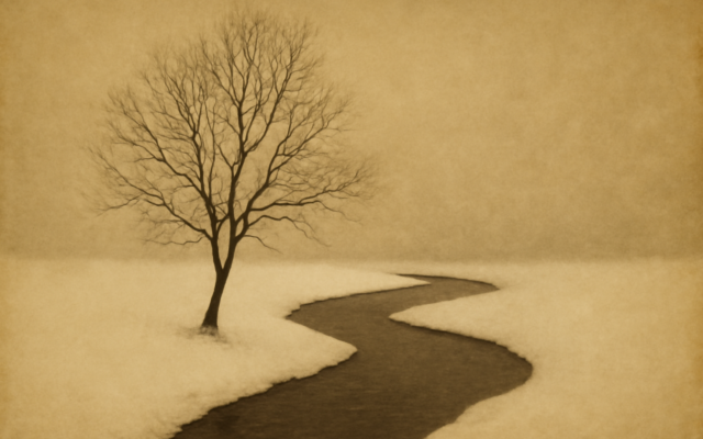 bare tree snow river