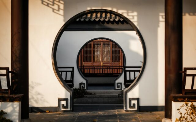 Circular doorway in a traditional chinese garden