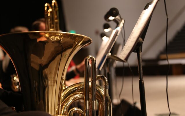 brass trumpet in grayscale photography