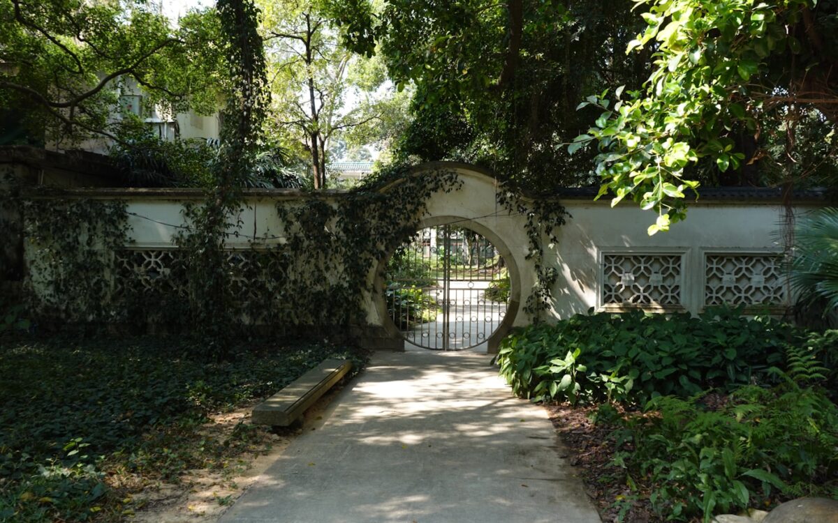 Arched gateway covered in ivy leads to a garden.