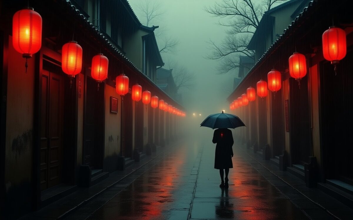 Lantern-lit street at night in the rain, ink and gold