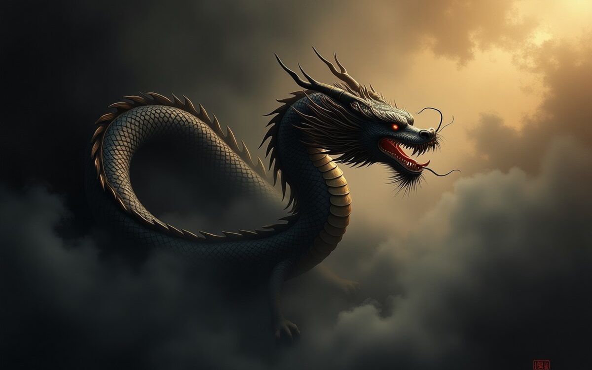 Ink-wash Chinese dragon with metallic gold scales in mist