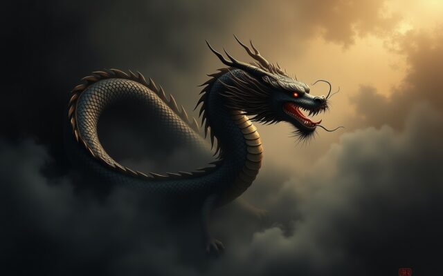 Ink-wash Chinese dragon with metallic gold scales in mist