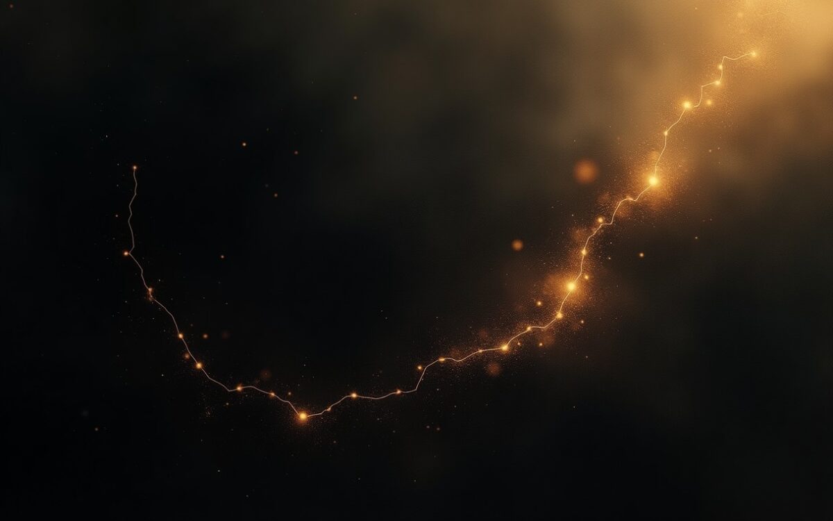 Ink-wash network of glowing gold nodes and light threads