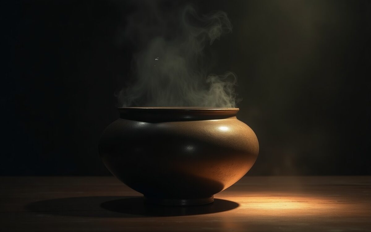 Ink-wash bronze vessel at night for the Five Rats hour-stem rule