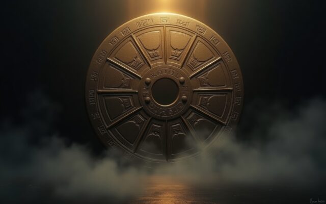 Ink-wash bronze Chinese zodiac wheel in mist