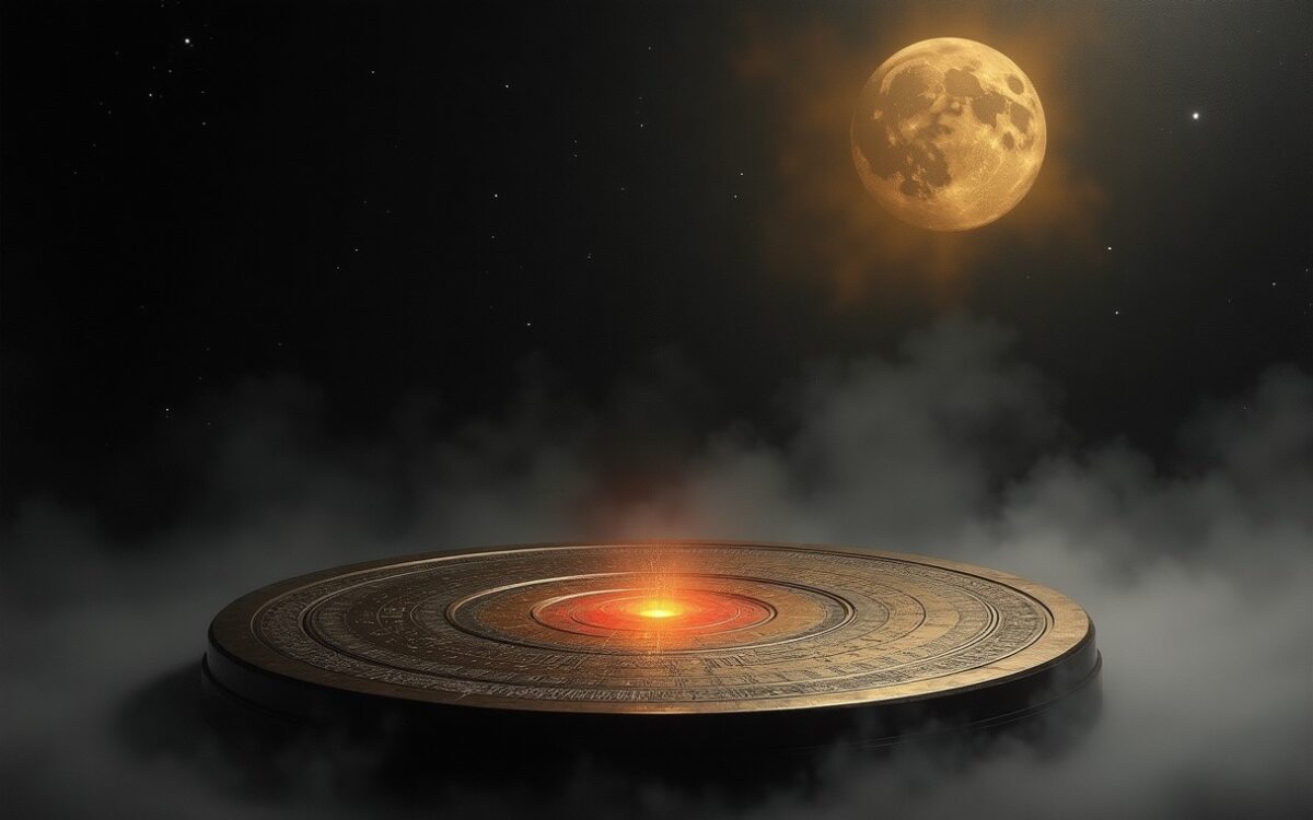 Ink-wash bronze cosmic diviner's board disk under the moon