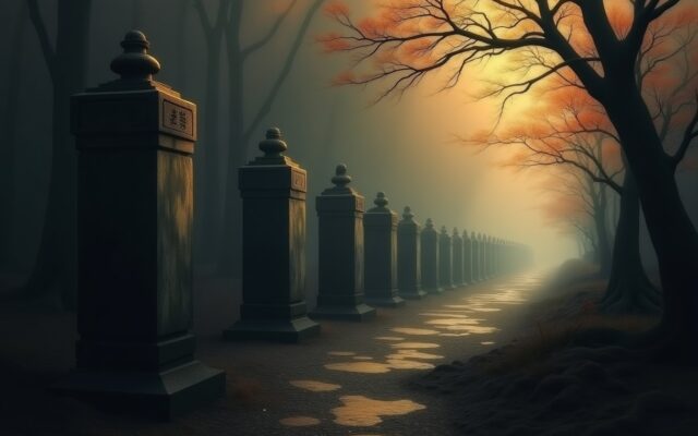 Ink-wash row of ten stone markers receding into mist