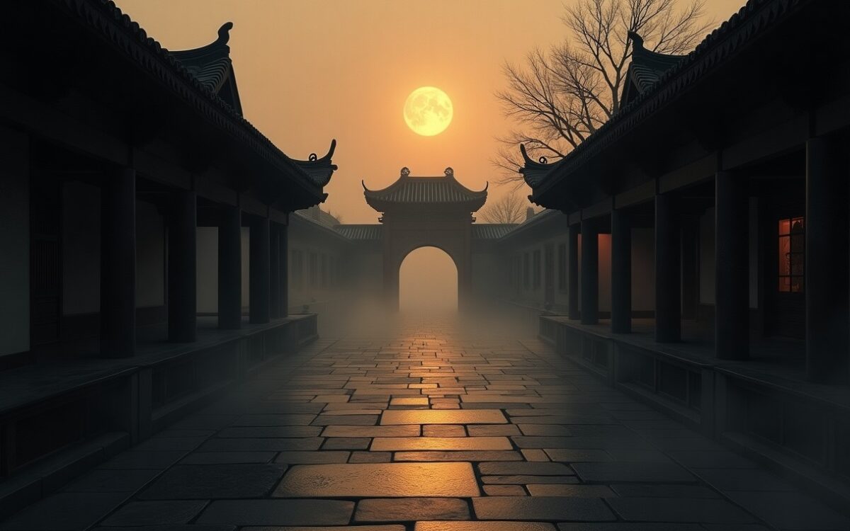 Ink-wash temple courtyard at night under a full moon