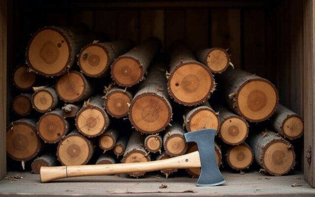 Iron axe resting against split timber, evoking the 1950 Metal Tiger year of Geng Yin
