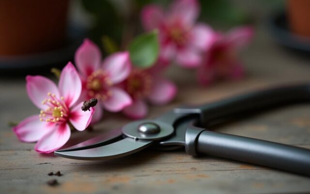 Steel pruning shears beside a cut flowering branch, evoking the 1951 Metal Rabbit year
