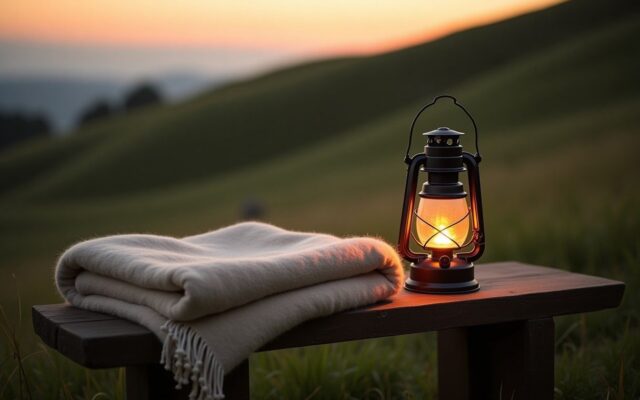 Iron lantern glowing beside a folded wool blanket, evoking the 1967 Fire Goat year