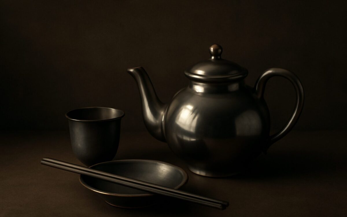Pewter teapot, cup, dish and chopsticks on a dark ground, reflecting the 1981 Metal Rooster (Xin You) year