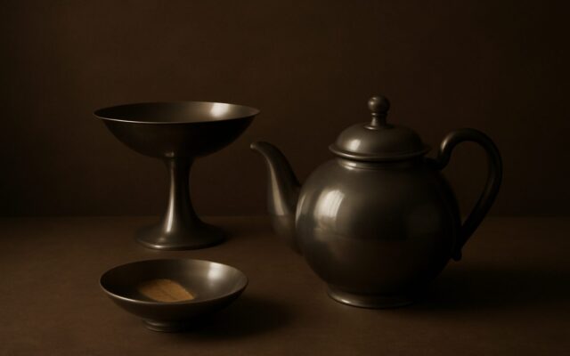 Pewter teapot, footed cup and small dish on a dark ground, reflecting the 2001 Metal Snake (Xin Si) year