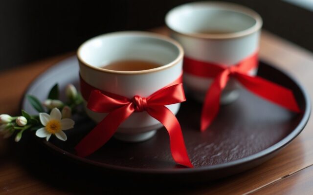 Two tea cups tied with red ribbon, a quiet symbol for choosing a 2027 wedding date