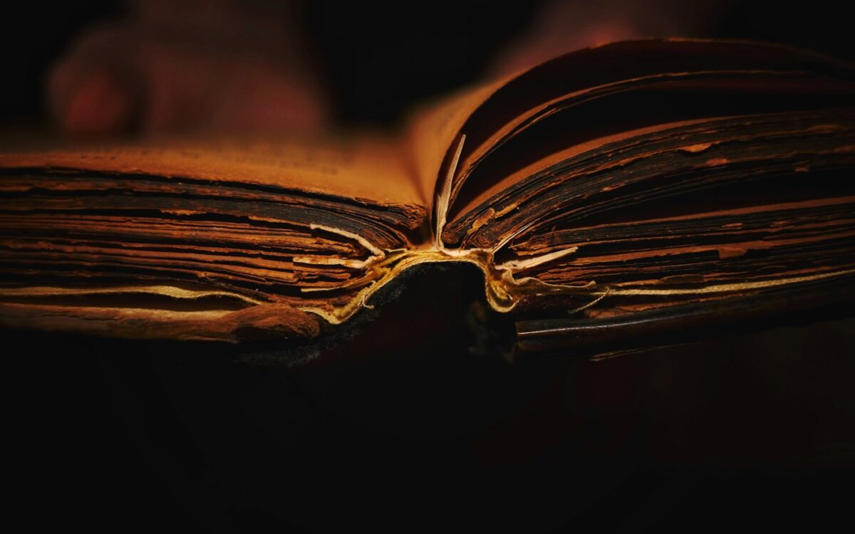 Old open book lit by warm lamplight