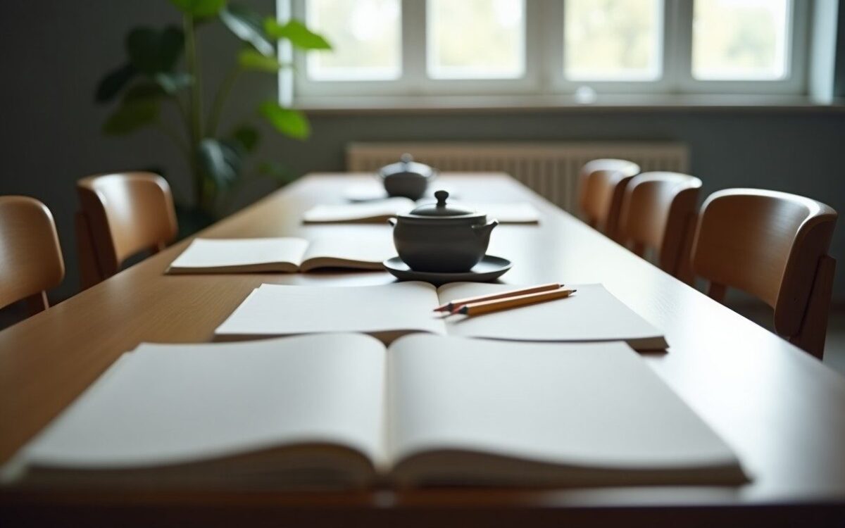 Open blank notebooks and pencils around a long study table, ready to learn Ba Zi