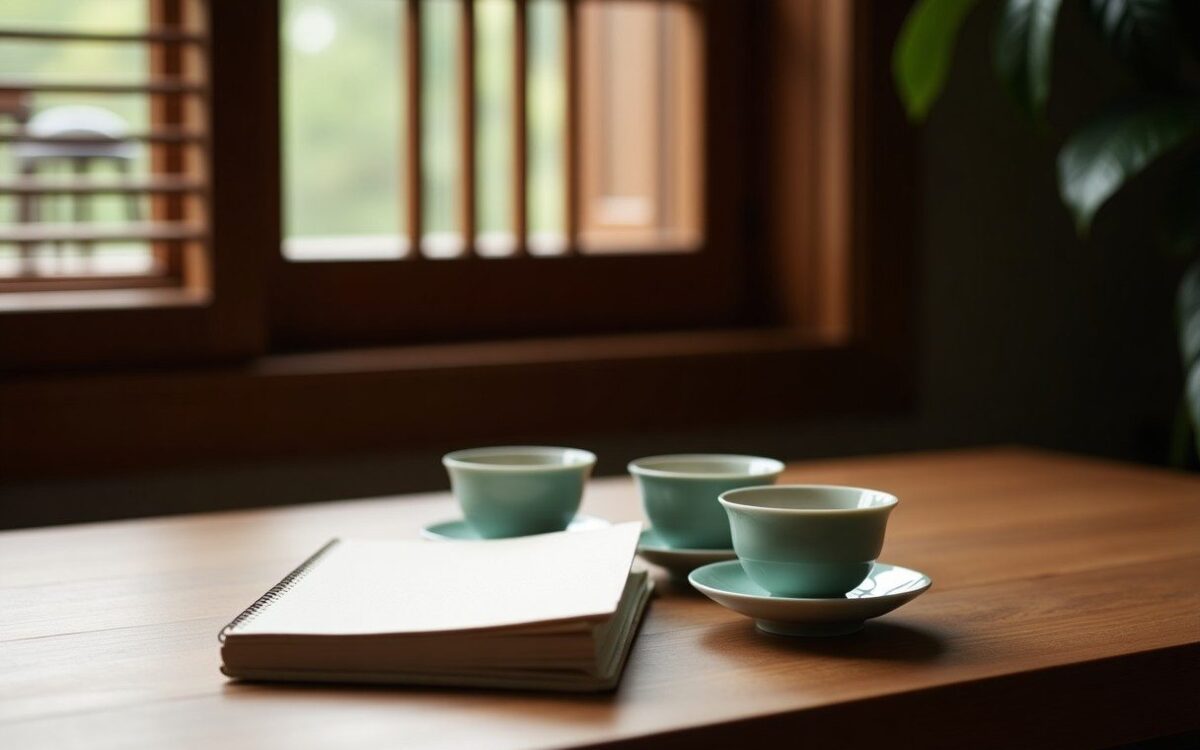 Celadon tea cups and a notebook on a teak table, set for a Ba Zi reading in Singapore