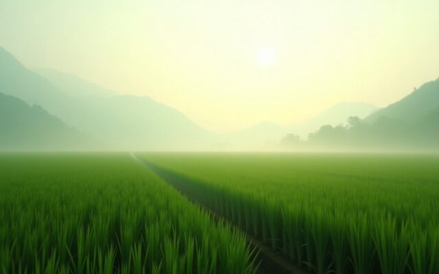 Heat haze shimmering over green paddies at noon, evoking birth in the Wu Horse month