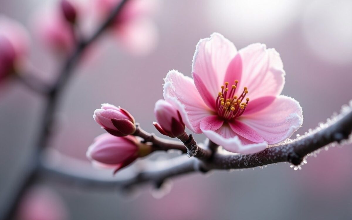 Plum blossom buds on a frosted branch, evoking birth in the early-spring Yin Tiger month
