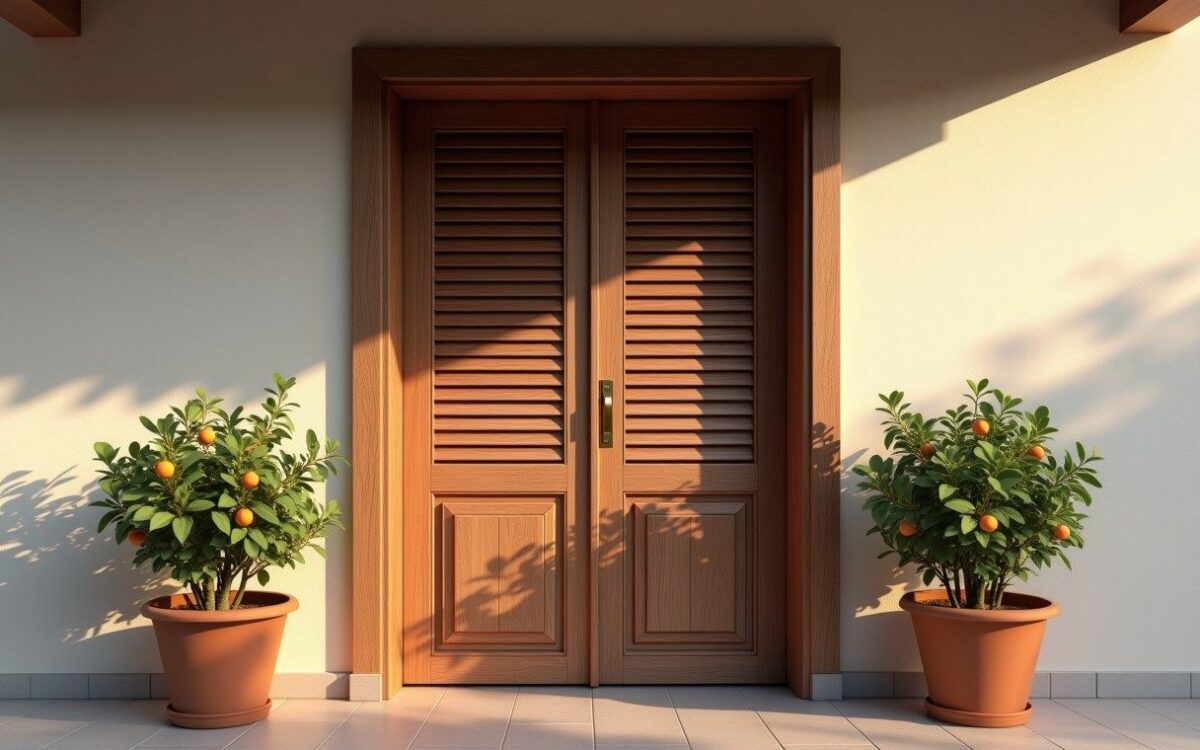 Timber shop doors flanked by kumquat plants in morning light, ready for an opening day