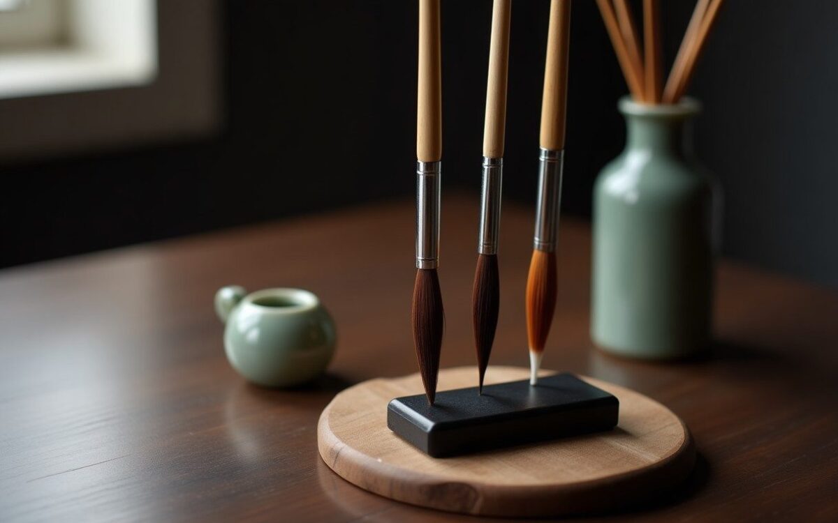 Calligraphy brushes beside an ink stone and a celadon water dropper