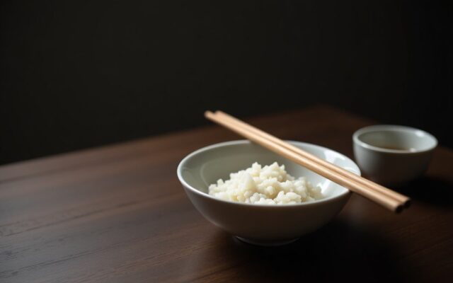 Chopsticks resting across a rice bowl beside a teacup