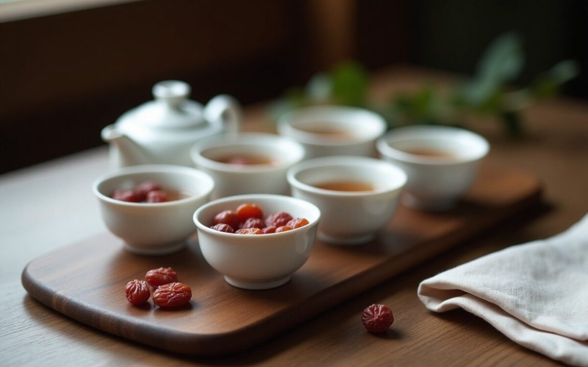 Porcelain tea cups with red dates on a wooden tray