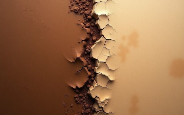 Dark wet clay beside sun-cracked dry earth, evoking the Chou-Wei clash of Ox and Goat