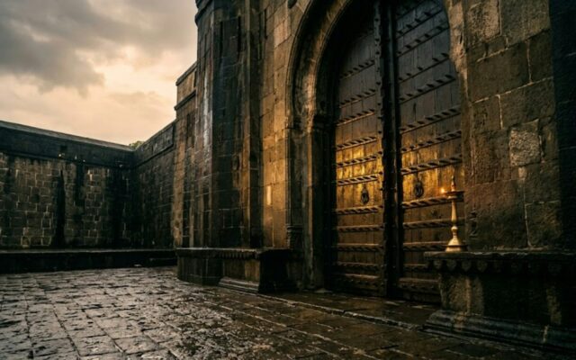 Ancient stone gateway with a lit candle at dusk