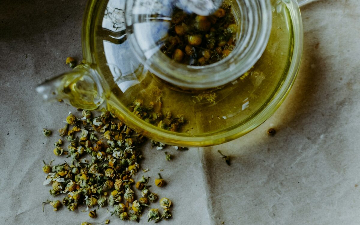Chrysanthemum tea in a glass pot with dried chrysanthemum flowers