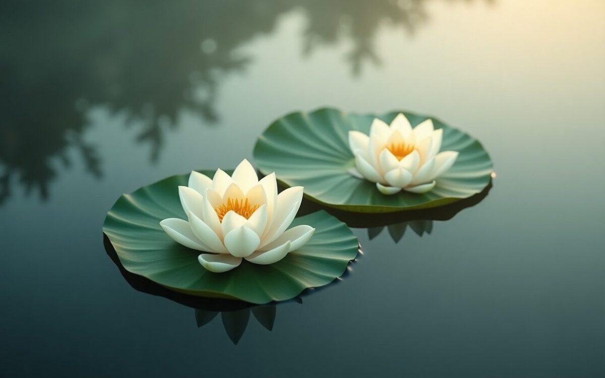 Two lotus leaves drifting on a misty pond, evoking Dragon and Pig compatibility