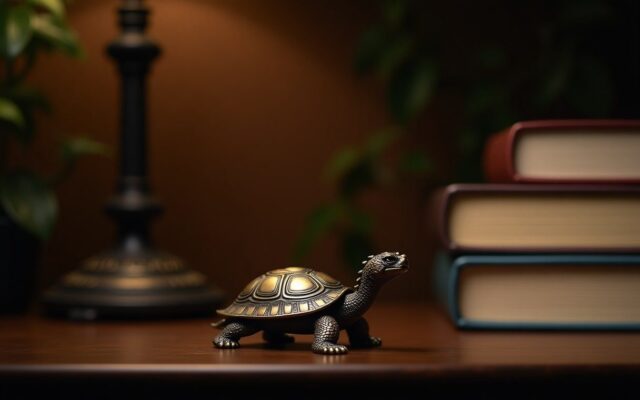 Bronze turtle figurine on a wooden desk beside a stack of books