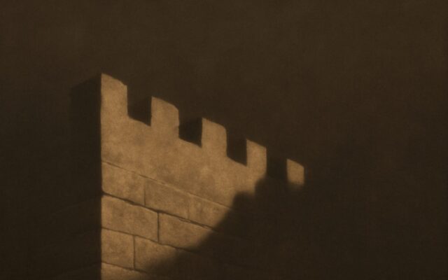 Stone rampart in shadow, evoking the Earth Dog (Wu Xu) year and its personality