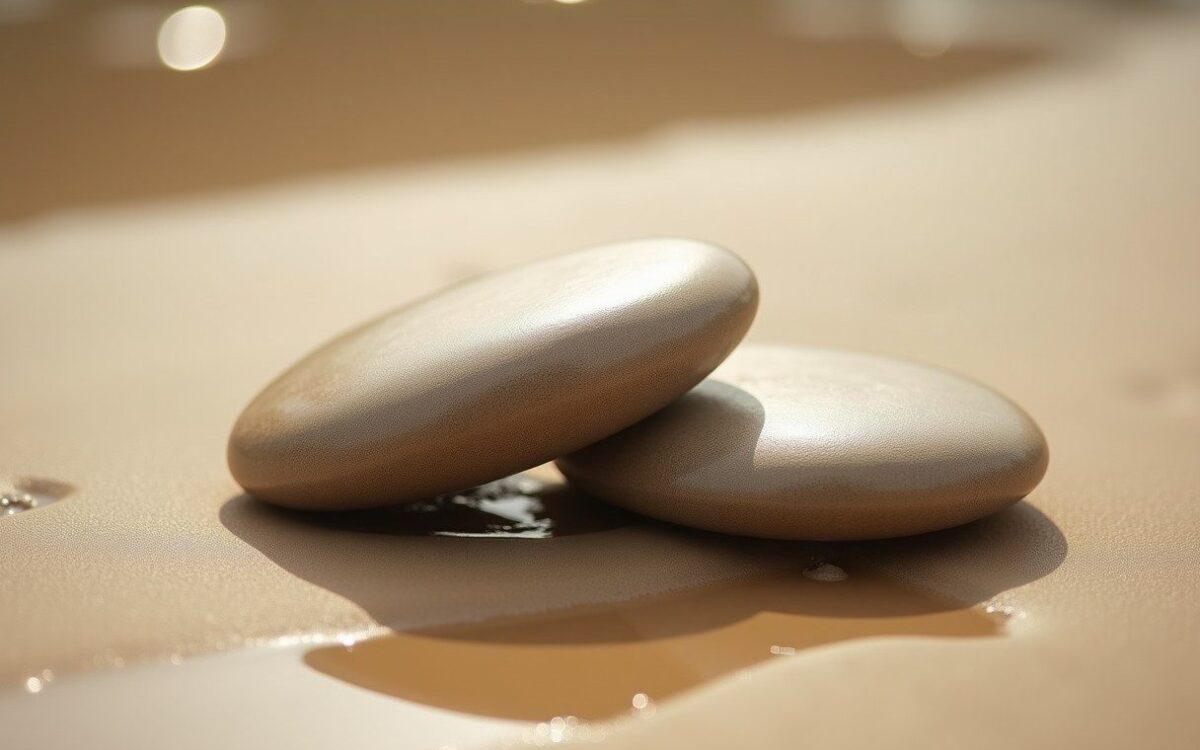 Two curved river stones on wet sand, echoing the shape of lips in face reading