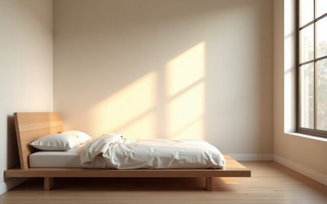Low wooden bed with headboard to a solid wall in morning light, illustrating bed direction
