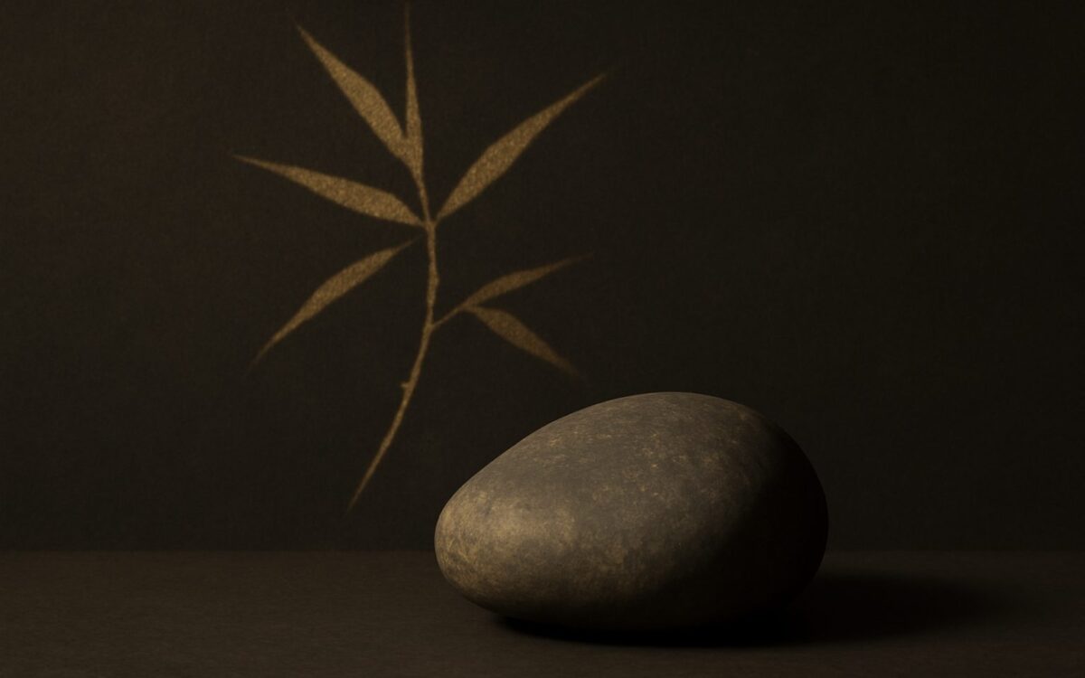 Bamboo sprig above a smooth dark stone in low light, evoking your feng shui birth element