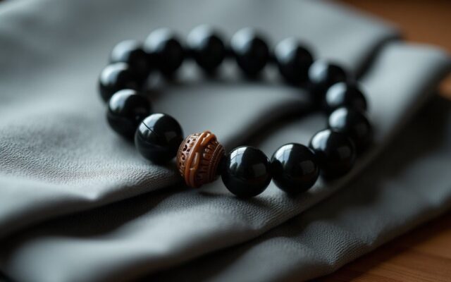 Obsidian bead bracelet with a small carved charm on grey linen