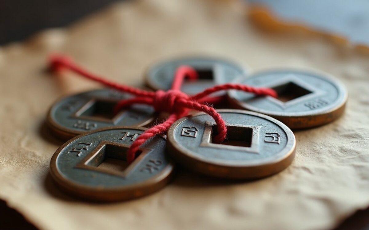 Five old square-holed copper coins tied with red thread on rice paper