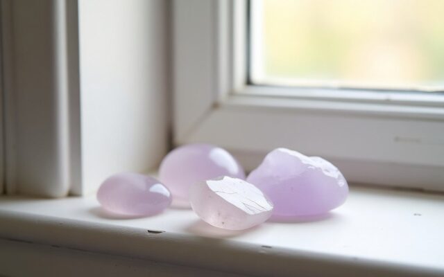 Pale purple and clear quartz stones on a sunlit stone windowsill