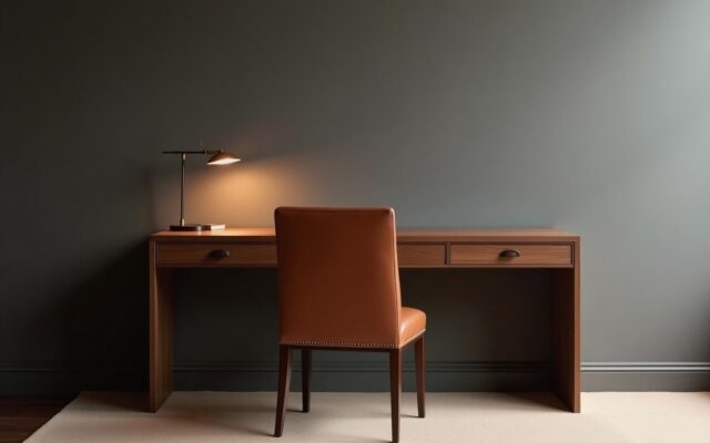 High-backed chair at a desk against a solid wall, illustrating feng shui desk placement